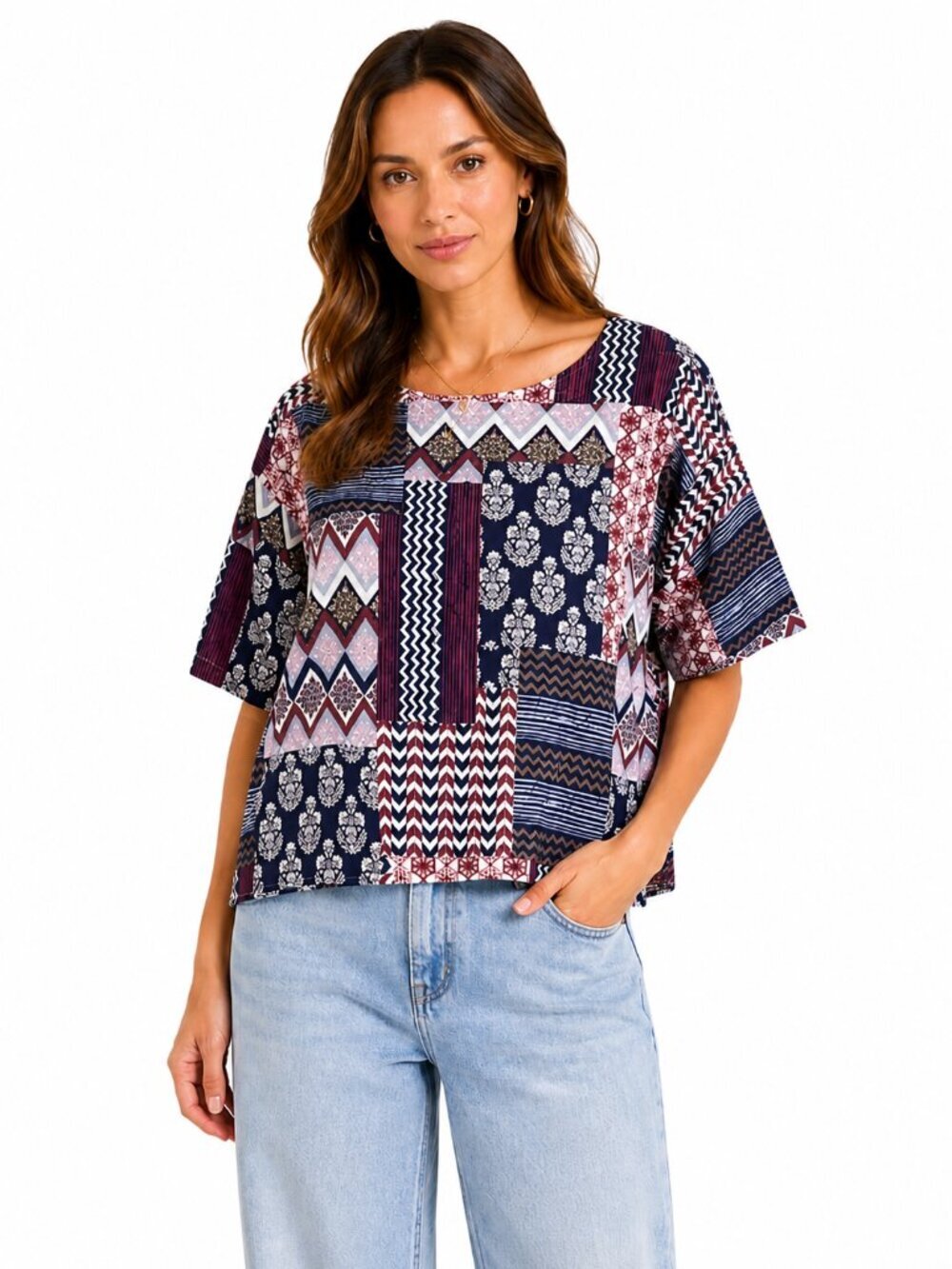 PURE JILL Organic Cotton Patchwork Print Blouse Boxy Short Sleeve Size Medium